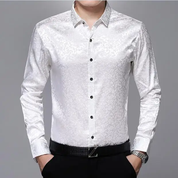 New arrival male satin silk shirt mens fashion floral dress shirt long