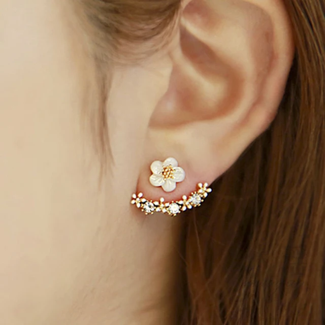 Flower Crystals Stud Earrings for Women Rose gold color Double Sided Fashion Jew Flower Crystals Stud Earrings for Women Rose gold color Double Sided Fashion Jew