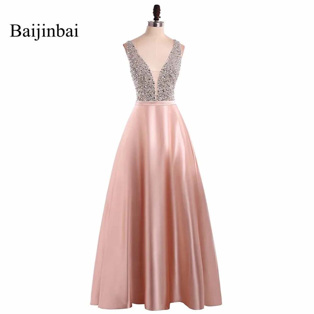

Baijinbai New Fashionable V Neck Sleeveless Prom Dresses 2019 Vestido De Festa Beading Long A Line Back Party Dresses Custom541