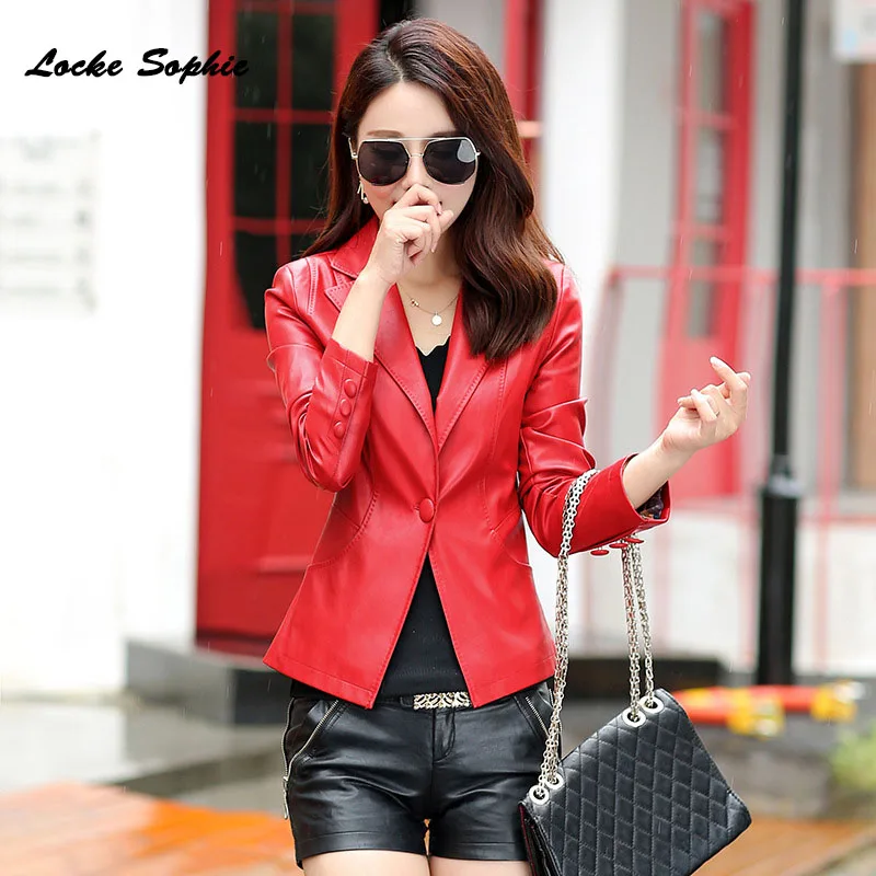 

Womens Plus size short jacket blazers 2019 Spring faux fur Pu Leather Single button suit Jacket ladies Skinny locomotive blazer