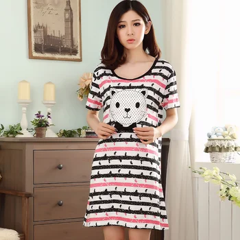 

Summer Cotton Striped Night Dress Women's Nightgowns&Sleepshirts Cartoon Nightdress Sleepwear Pyjamas Women Lounge Home Clothing