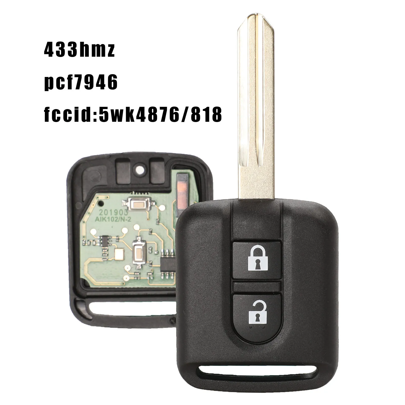 

jingyuqin Remote Key 5WK4 876/818 433MHZ ID46 Chip For Nissan Elgrand X-TRAIL Qashqai Navara Micra Note NV200 2 Button Key Fob