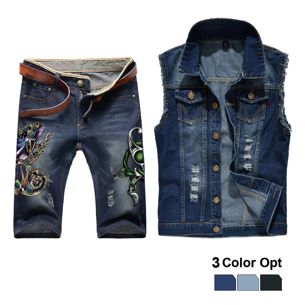 

Men Jean Vest Jacket Set Retro Ripped Destroyed Skinny Hole Top Denim Short Pants 1/2 Trousers Summer Beach Wear Blue Frog
