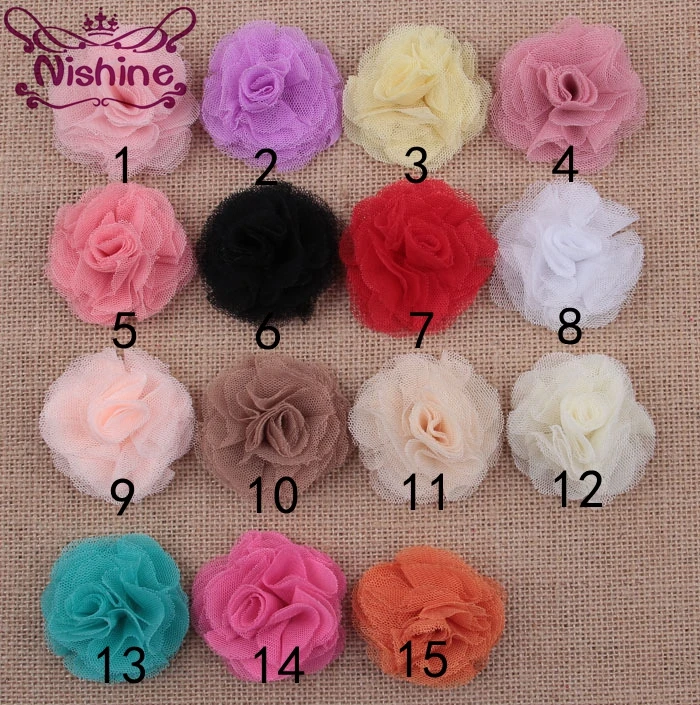 

Nishine 30pcs/lot 2.4" Newborn Mini Crochet Shabby Chiffon Flower Fashion Tulle Mesh Flowers For Kids Headband Clip Accessoreis