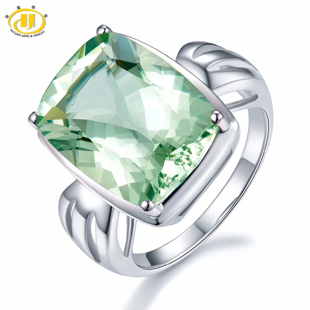 

Hutang Huge Natural Green Amethyst Ring Solid 925 Sterling Silver Gemstone Fine Jewelry Cushion 12x16mm Women's Party Rings