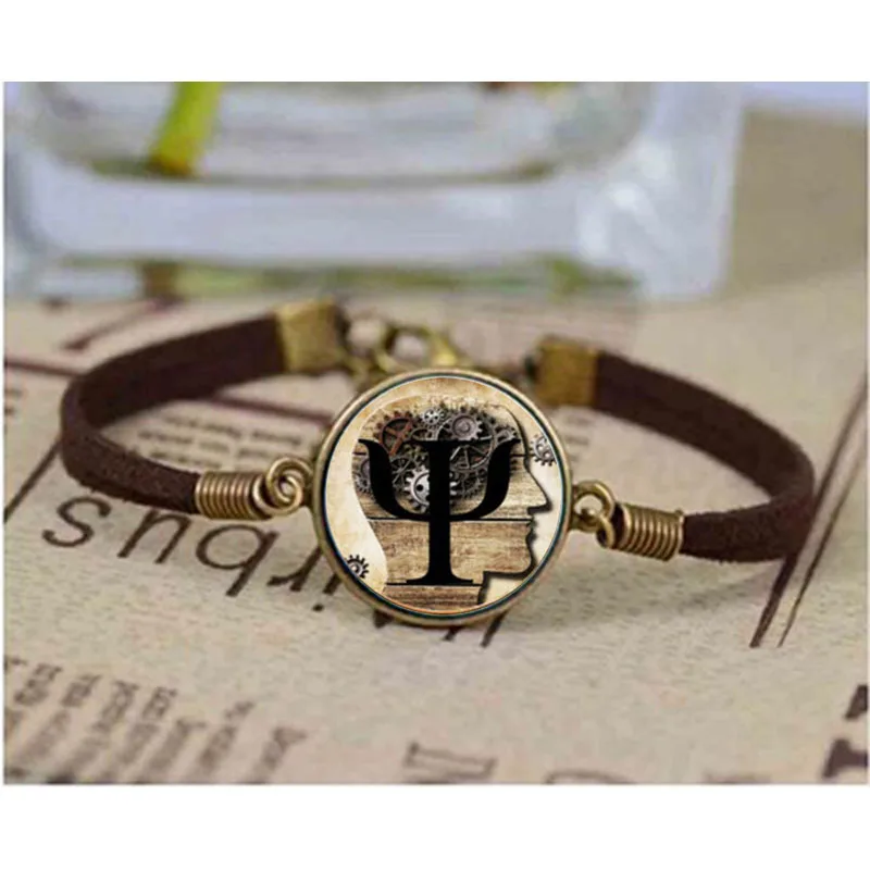

Qiyufang PSI Symbol bracelet Psychology jewelry leather bracelets chain for men women best friends gift male bronze steampunk