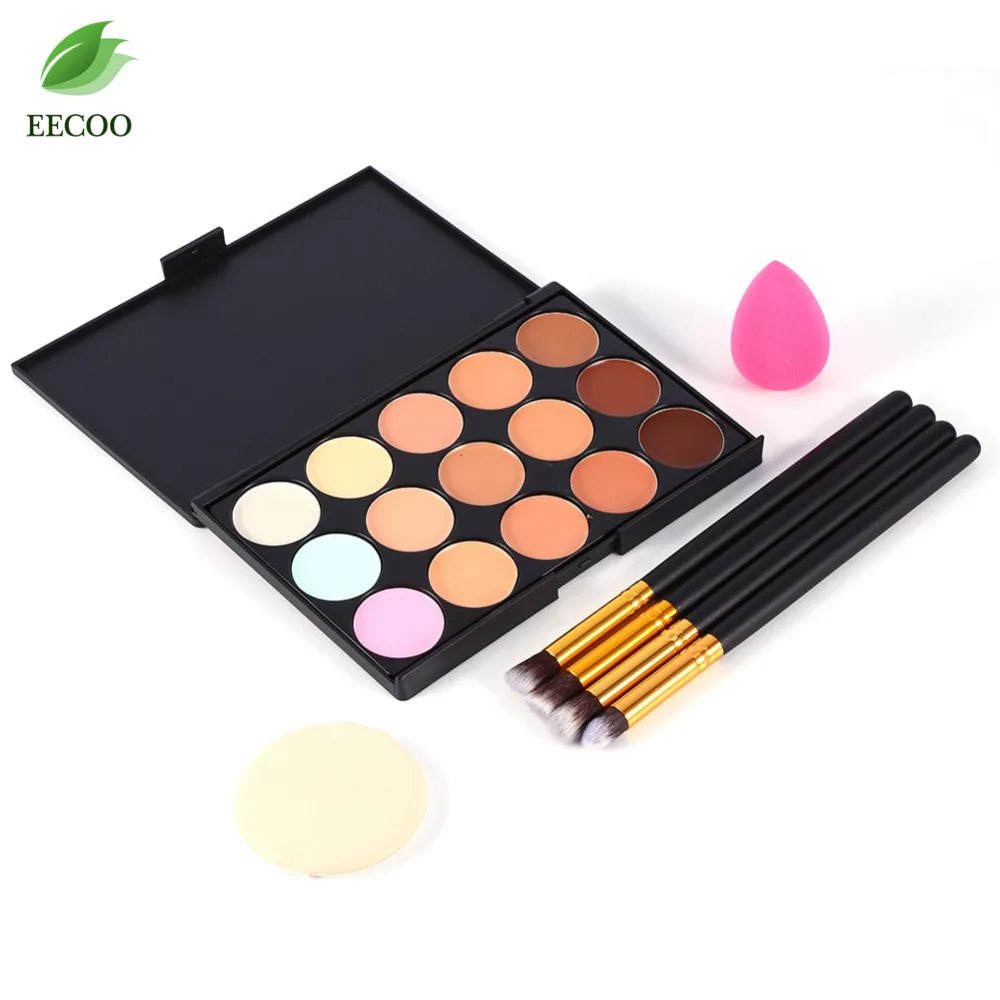 

Pro 1set maquiagem Concealer Powder makeup brushes 4pc Eye make up Brushes+15 Color Concealer Palette with puff pincel maquiagem