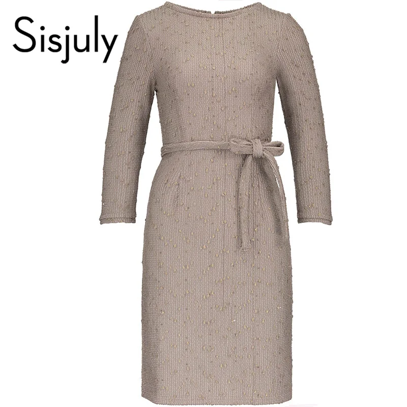 

Sisjuly women vintage ol office dress solid o-neck long sleeve belt autumn dresses elegant ladies retro straight cotton dress