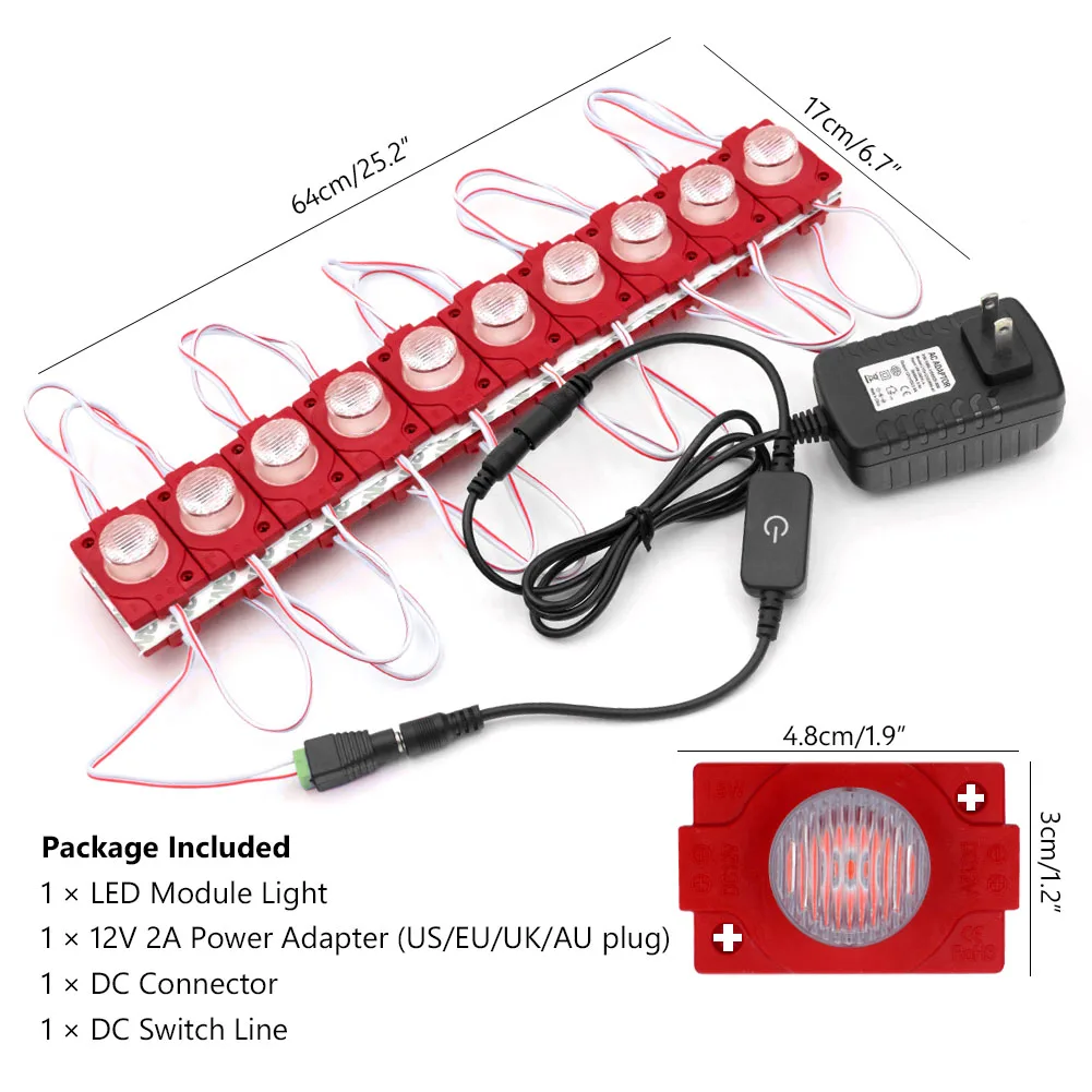 

US/EU/AU/UK Plug + Touch Switch DC12V 20Pcs 1.5W Brightness LED Module Light Lamp White/Yellow/Red/Green/Blue Advertising Light