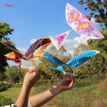 HBB 10Pcs Elastic Rubber Band Powered Flying Birds Kite Funny Kids Toy Gift Outdoor Windmill Random Color