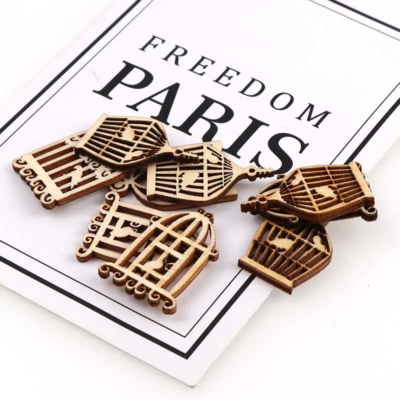 50Pcs DIY Wooden birdcage pendant Embellishments Crafts Scrapbooking Supplies Hand-made Graffiti Buttons