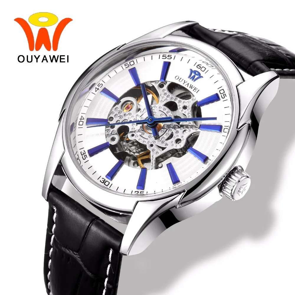 Ouyawei Men Skeleton Mechanical Self Wind Watches Mens Automatic Silver ...