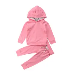 Одежда для детей; малышей; девочек осенняя одежда с капюшоном топ + длинные штаны 2 шт. комплект