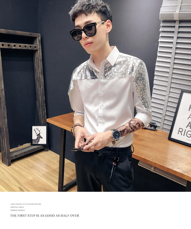 

Men's Sleeve Shirt Personality Sequins Splicing Nightclubs DJ Men's Trends Youth Slim Handsome Hair Stylist Costumes