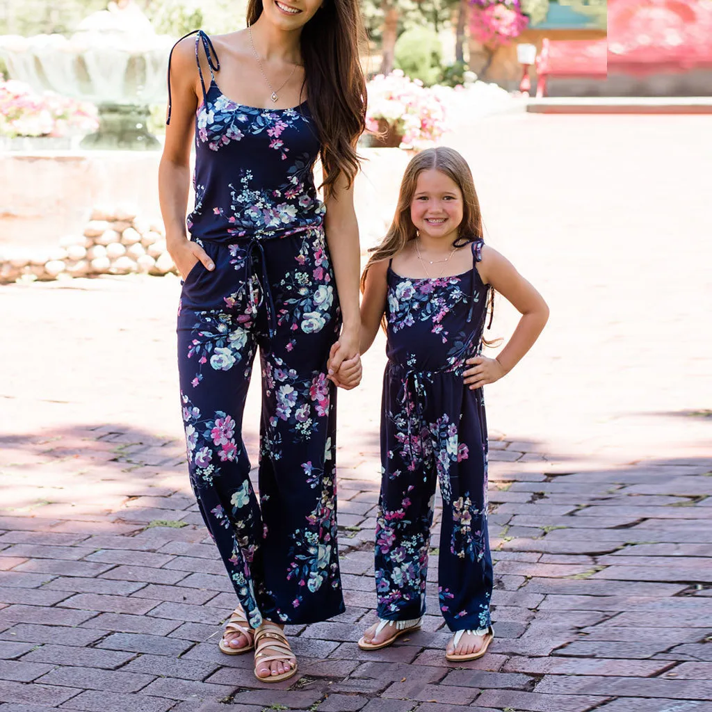 

Jumpsuit Women Mommy＆Me Child Girl's Sling Sleeveless Pocket Floral Printing Backless Playsuit Streetwear Wide Leg Pants Tulum
