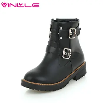 

VINLLE 2020 Women Ankle Boots Platform Round Toe Casual Winter Shoes Women Shoes Pu Leather Ladies Motorcycle Boots Size 34-43