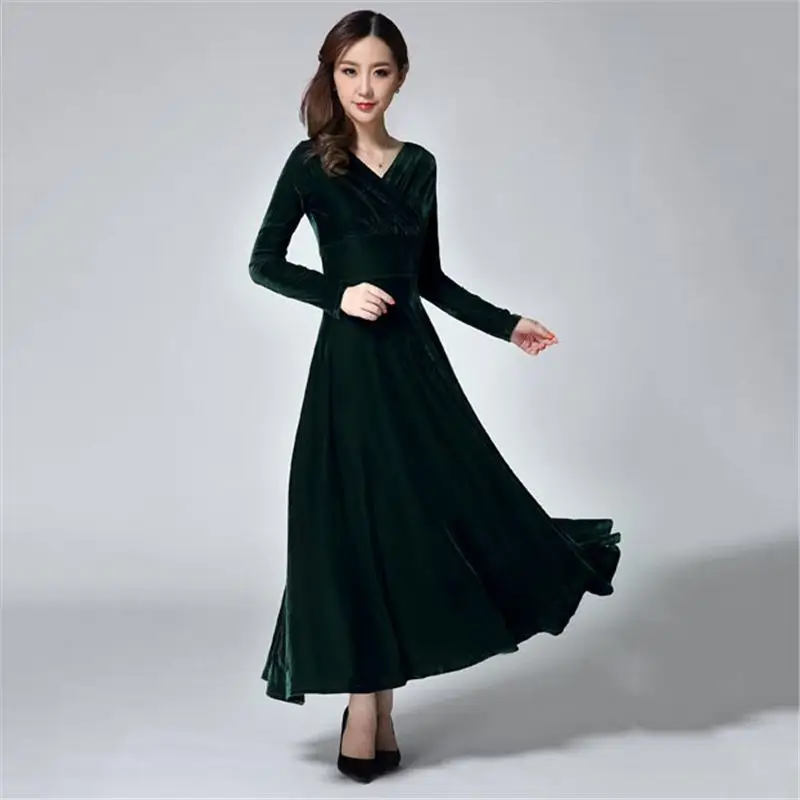

Spring Autumn Women 2018 Sexy Party Long Sleeve Dress Ladies Long Gold Velvet Dresses Female V-neck Warm Plus Size 3XL Dress A92