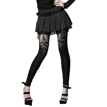 

Punk Women Faux Leather Leggings Victorian Lace-up Flocking Black Leggings Slim-fitting Hollow-out Lace leggings