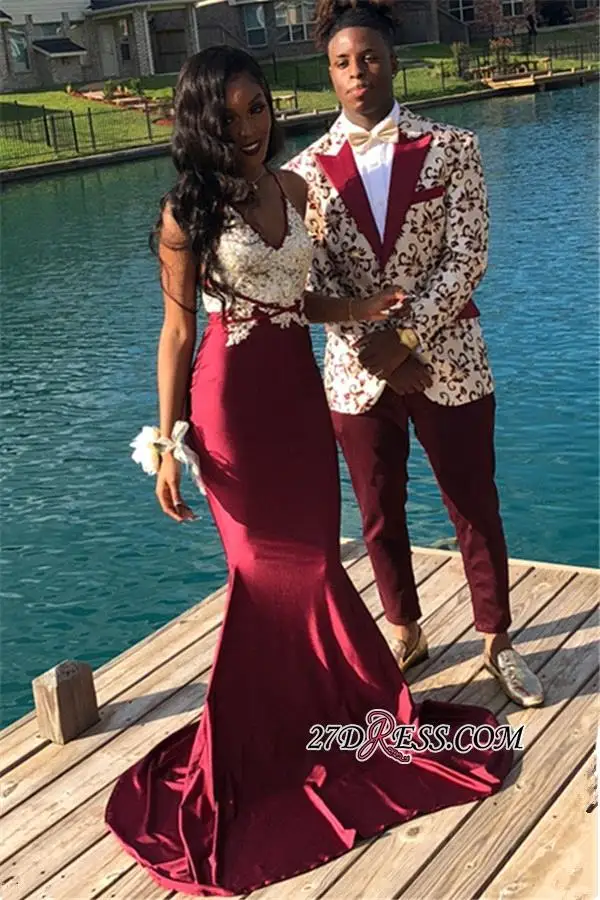 Sexy Mermaid Burgundy Prom Dresses Long White Appliqued Pears V Neck Black Girls Prom Dresses Formal Party Gown satin prom dress Prom Dresses