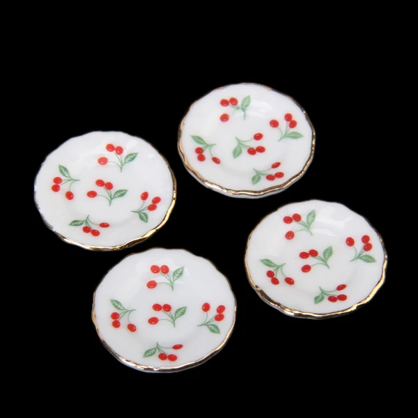 15pcs Dollhouse Miniature Dining Ware Porcelain Tea Set Dish Cup Red Cherry