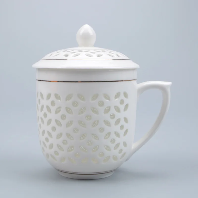Изысканная 300 мл Цзиндэчжэнь пустотелая сотовая стеклянная керамическая фарфоровая чайная чашка для здоровья кружка для молока кофе чайная чашка с крышкой блюдце - Цвет: C