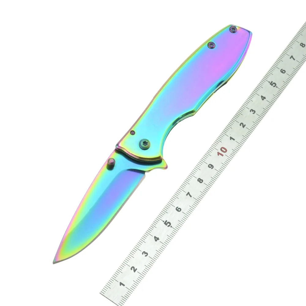 High quality mini Stainless steel Rainbow Titanium Handle Folding rescue hunting tactical knife