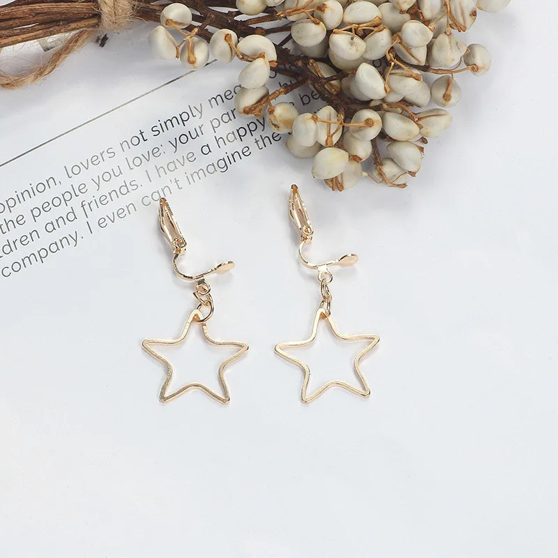 Модные серьги-клипсы золотого и серебряного цвета с полой звездой и круглым треугольником для женщин и девочек, ювелирные изделия без отверстия для ушей, подарки - Окраска металла: Star Gold