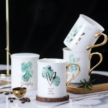 

Creative Golden handle ceramic mug,White ceramic mugs Milk Cups Hand Cup personalized plant coffee cup Drinkware 300ml