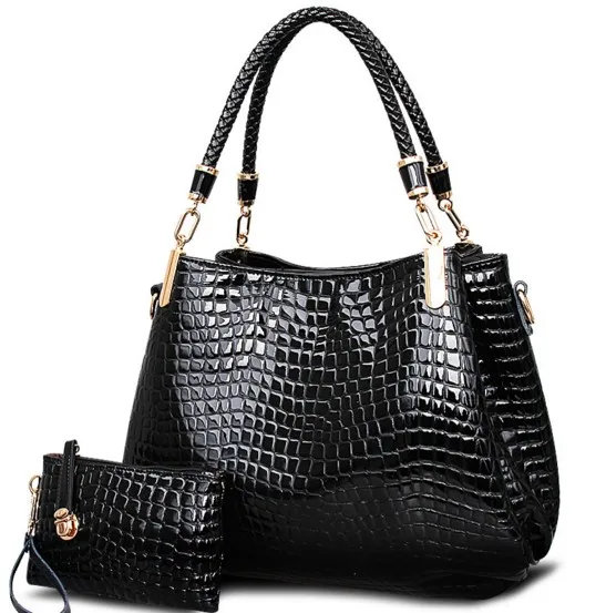 2 сумки/набор, модные женские сумки из крокодиловой кожи, дамская сумочка+ кошелек/кошелек, carteras mujer, большая вместительность, черный, белый, наплечный комплект - Color: Black