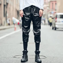 Г. модные зимние мужские Узкие повседневные кожаные Штаны персонализированные винт лоскутное несколько карман длинные штаны