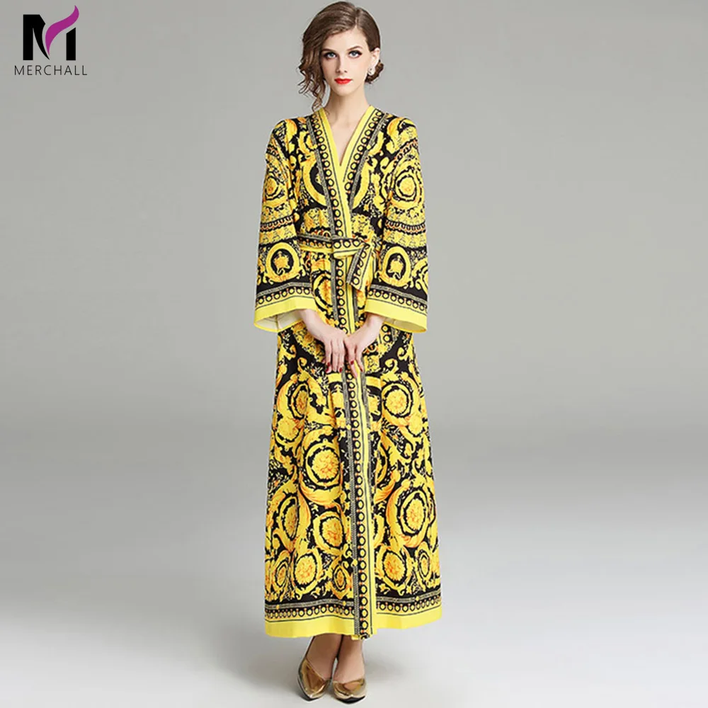 

Merchall 2019 Spring Designer Runway Maxi Dress Long Sleeve Women V Neck Elegant Belt Loose Baroque Print Vintage Vacation Dress