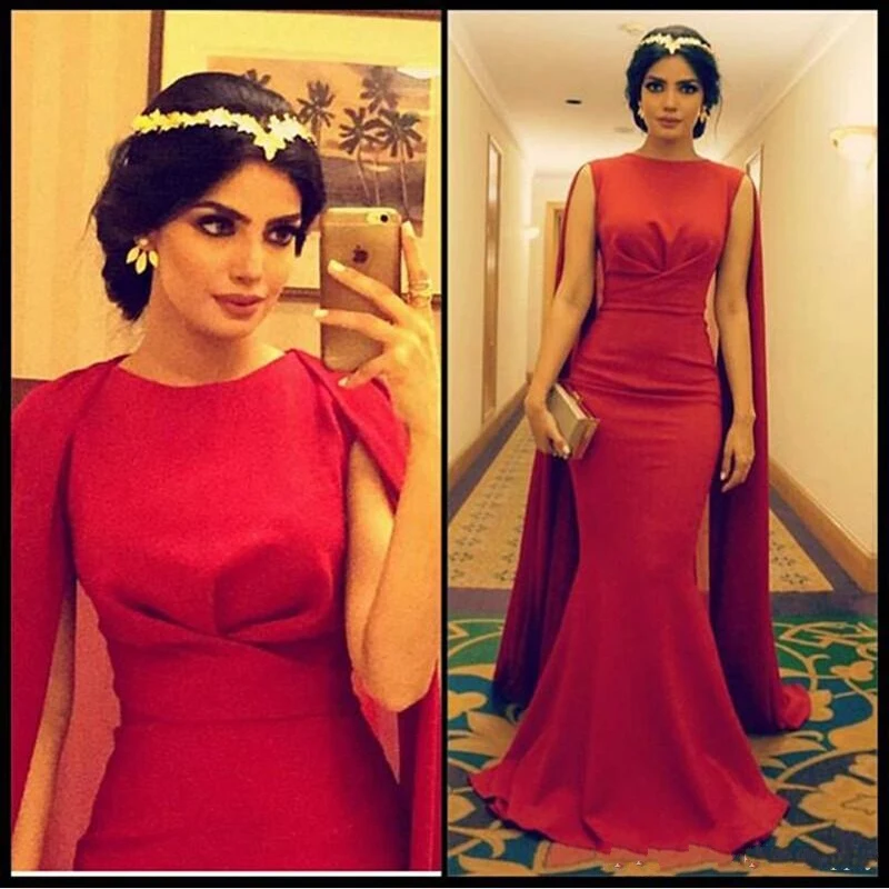

Charming Arabic Red Satin Mermaid Long Prom Gowns O Neck With Ruched Cape Floor Length Evening Gowns Custom Made Dresses