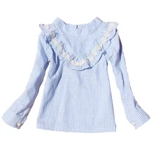 ФОТО Lace Shirts for Girls Ruffles Blouses Autumn Teenage School Tops Kids Cotton Shirts 8 9 10 12 14 Years Big Girls Striped Blouses