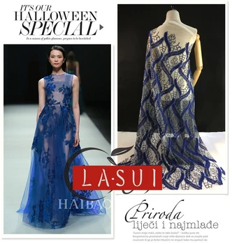 

LASUI 2017 NEW Royal blue three-dimensional small leaves beautiful embroidery net cloth X0166