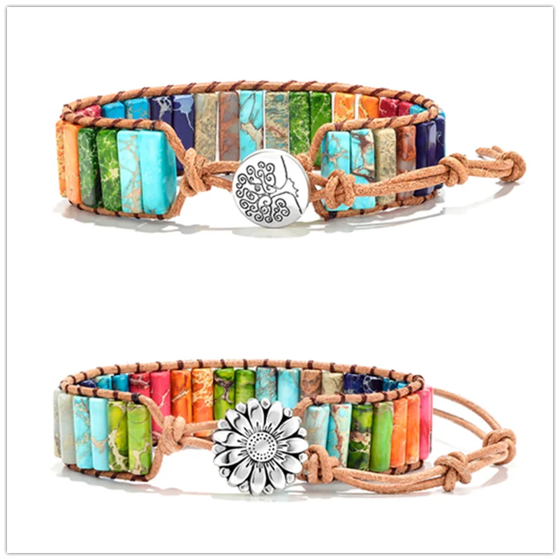 

Fashion Handmade Chakra Reiki Healing Leather Wrap Bangles Bracelet for Women Multi Color Tree of Life Yoga Adjustable Bracelets