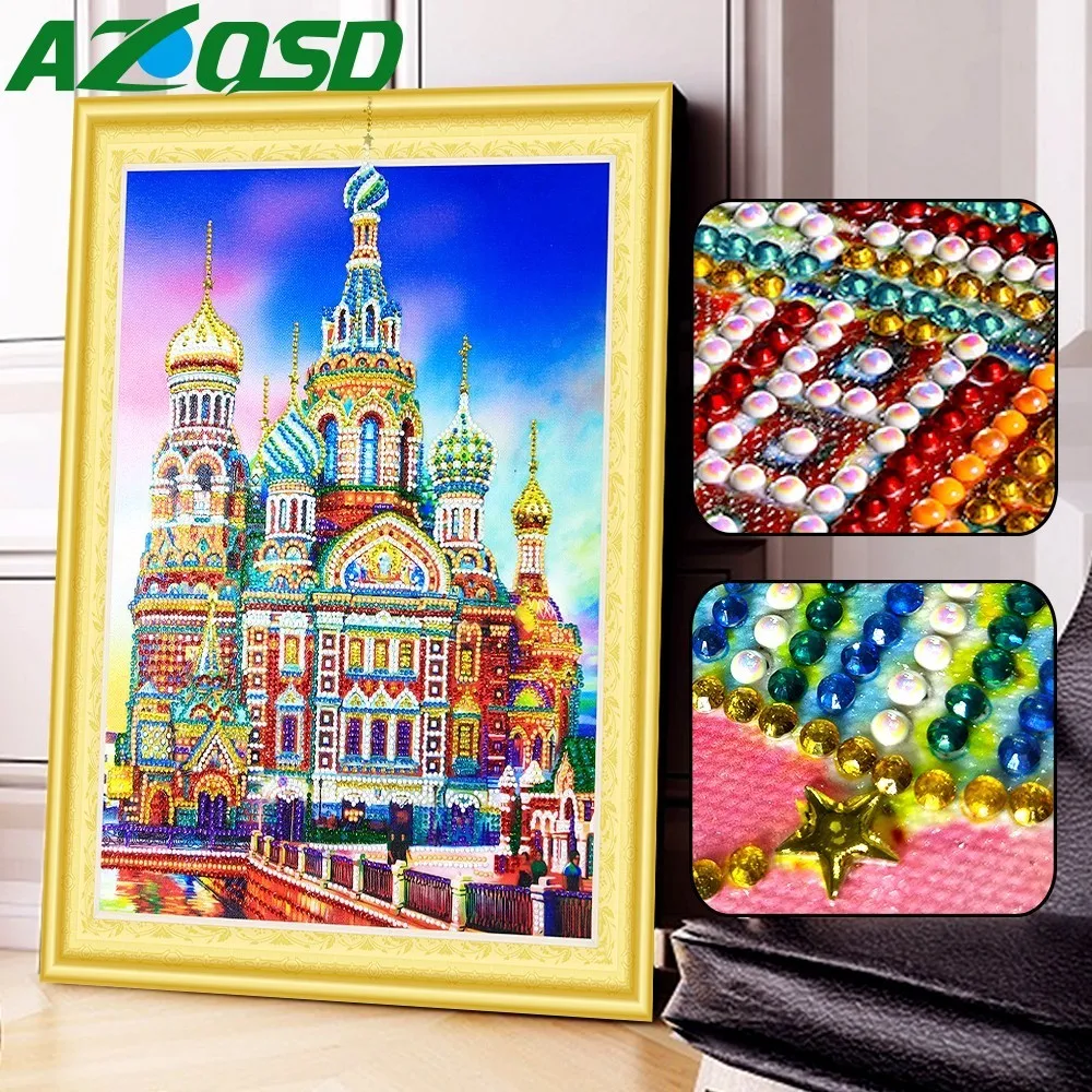 AZQSD Diamond Painting Landscape Special Shaped Church Partial Round Drill Home Decor DIY Diamond Mosaic Castle Handmade Gift