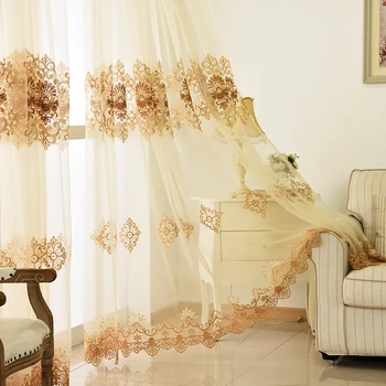 

Luxury European Embroidered Beige Tulle Curtains For Living Room Balcony White Voile Sheer Curtains Fabric For Bedroom WP160#30