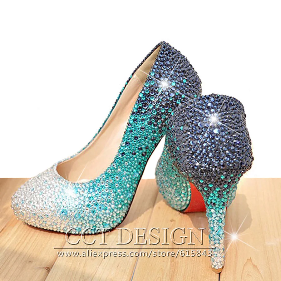 2017 Customized Sexy Women Jewel Blue Gold High Heels Wedding Shoes