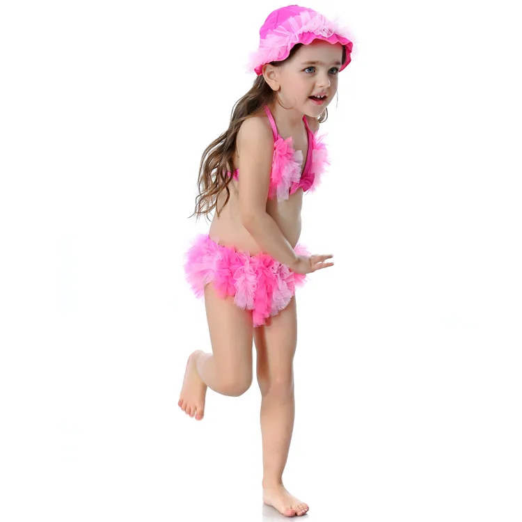 Детский купальный костюм из трех предметов для девочек, Летний набор детских бикини с кружевным краем, пляжная одежда для девочек