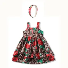 Летнее красное платье с принтом «красная роза» для маленьких девочек вечерние эксклюзивные платья с пышными рукавами для девочек с леопардовым принтом, платье с розой