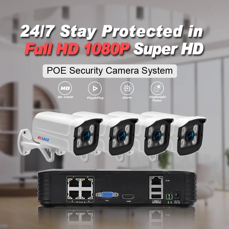 BESDER Full HD 1080P 4 канальная система видеонаблюдения шт. металлическая наружная ip