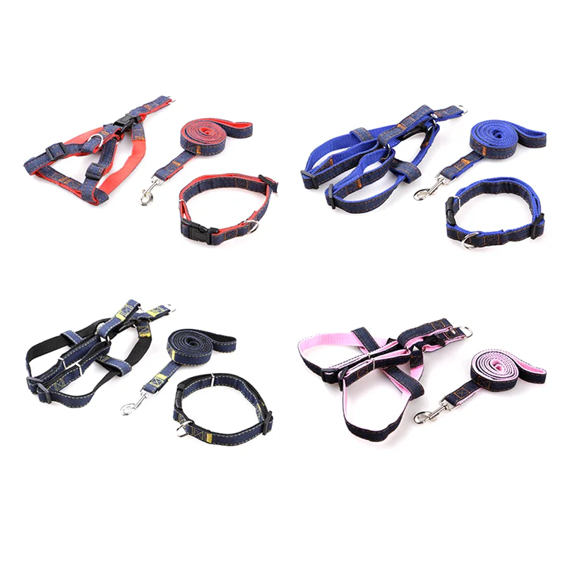 2017 Pet Supplies Puppy Dog Harness Collar Leash Set Adjustable Jeans Denim Traction Belt for Training Walking Products|collar leash set|dog harness