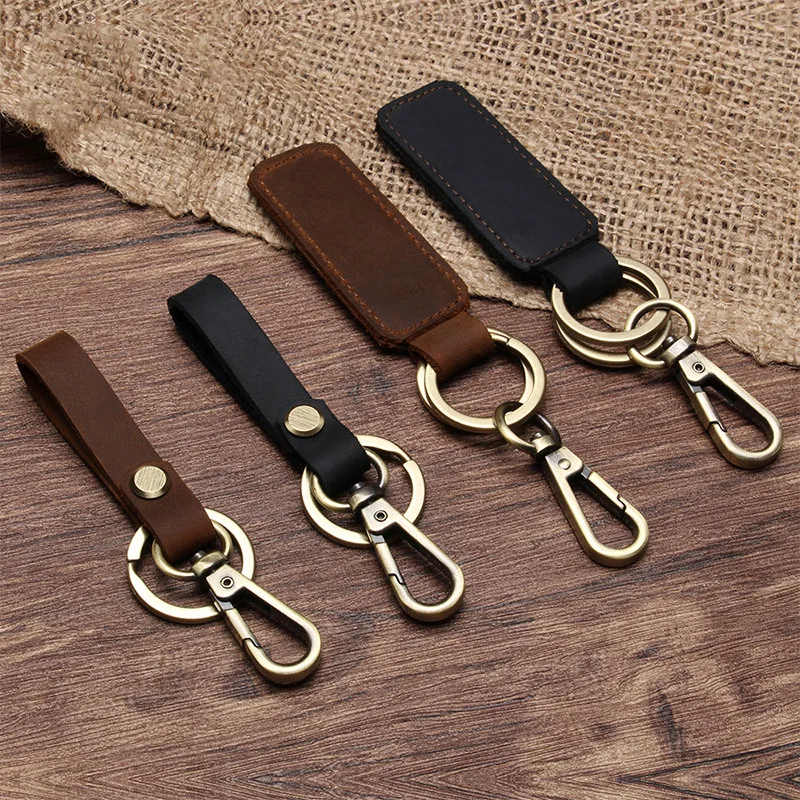 

High Quality Crazy Horse Leather Keychain Women Men Key Chains Key Bag Metal Hook Casual Keyfob Detachable Gifts
