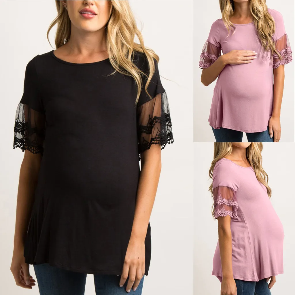 

Women's Short Sleeve Lace Mesh Tops Breastfeeding Nusring Maternity Clothes high quality lace zwangerschaps kleding grossesse