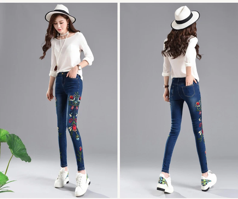 Yuoomuoo новый бренд Дизайн Роскошные Джинсы с вышивкой плюс Размеры джинсовые штаны Узкие Эластичные зауженные джинсы для Для женщин