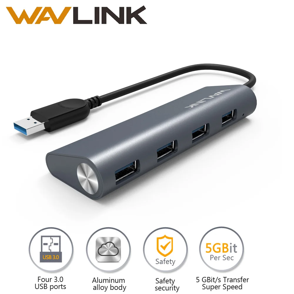 Wavlink Mini přenosný Super Speed ​​4 porty 5.0Gbps Hub USB 3.0 Hliník USB HUB data Adaptér kabelu Pro Tablet PC Tablet PC