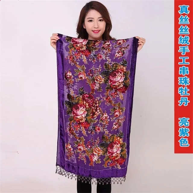 Высокое качество цветы китайский женский Бархат Шелк бисером шали ручной работы вышивка шарфы шарф длинная бахрома пашминовый палантин Chal