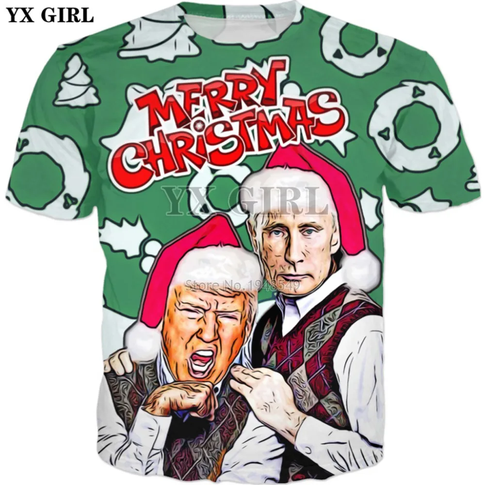 YX GIRL, Рождественская футболка, стиль, летняя модная футболка, Забавный принт Трамп и Путиным, 3d, мужская, женская, Повседневная футболка