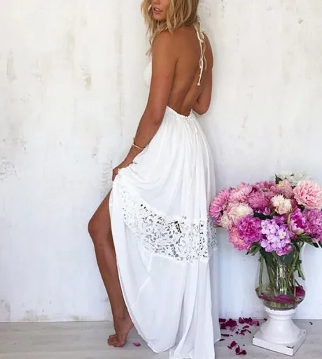 Wrap Chest Neck Hanging Lace Split Joint Clothes Longuette Summer Dress |