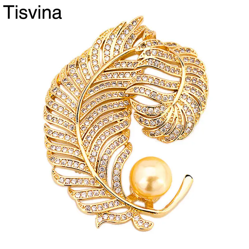 

Tisvina 2018 High Quality Pearl Zircon Feather Brooches for women Micro pave Business style jewelry Clothing Accessories pins